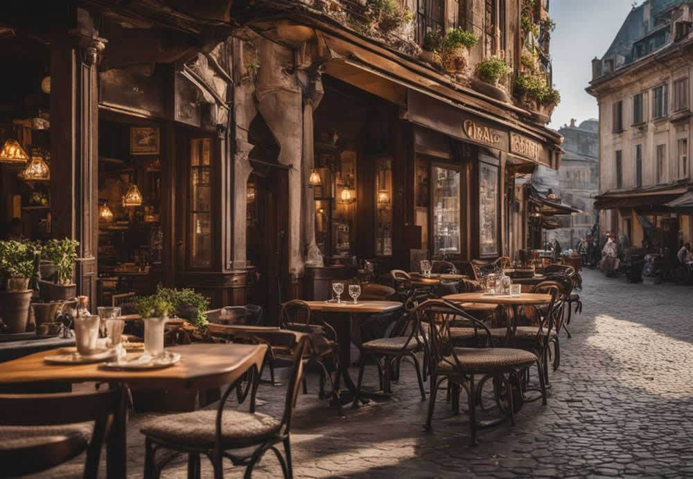 A street with tables and chairs
