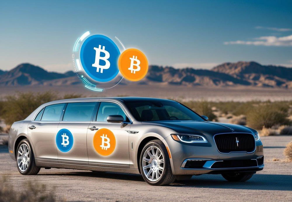 A sleek limousine parked in front of a desert landscape, with a digital Bitcoin payment symbol displayed on the vehicle's exterior