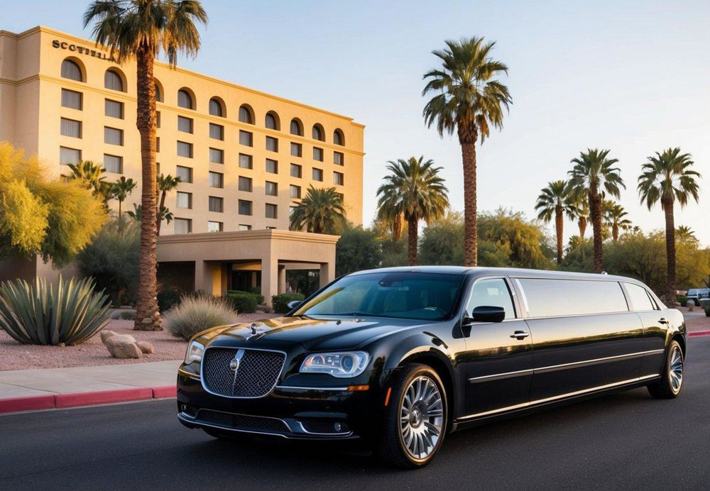 A sleek black limousine waits outside a luxury hotel in Scottsdale, Arizona, surrounded by palm trees and bathed in the warm desert sunlight