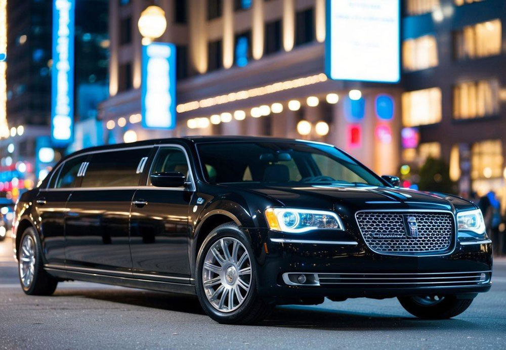 A sleek black limousine parked in front of a luxury hotel, surrounded by bright city lights and a bustling nightlife scene