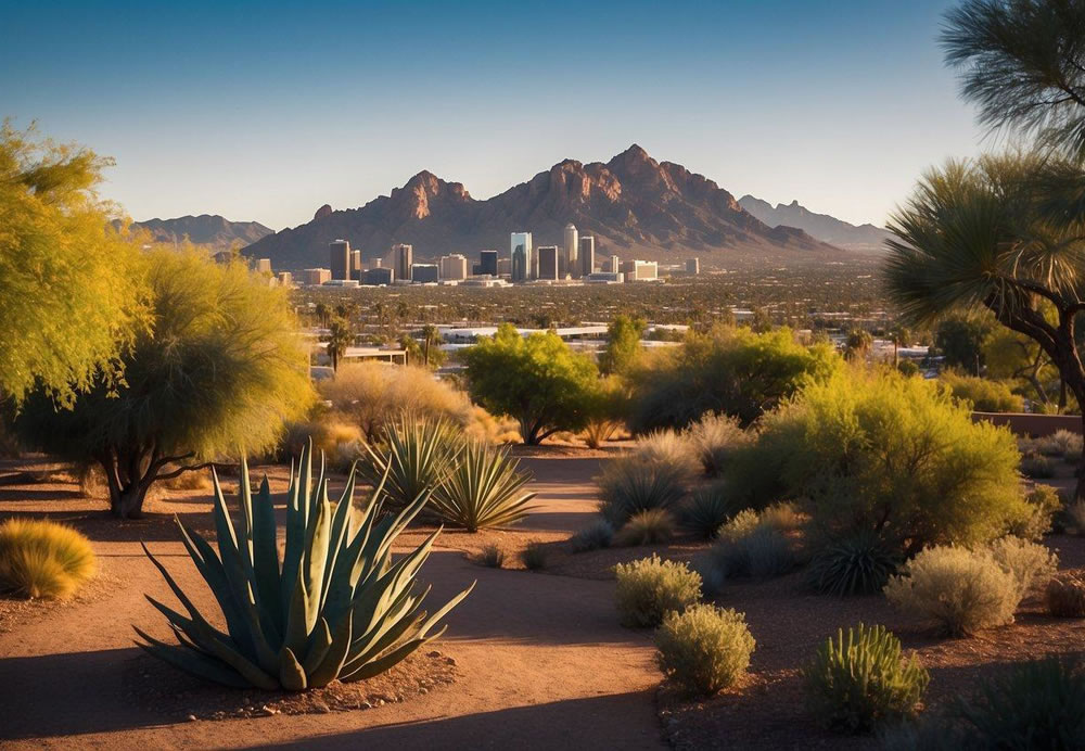 Spectacular Phoenix skyline with iconic landmarks like Camelback Mountain, Desert Botanical Garden, and Heard Museum. Vibrant street art and bustling downtown