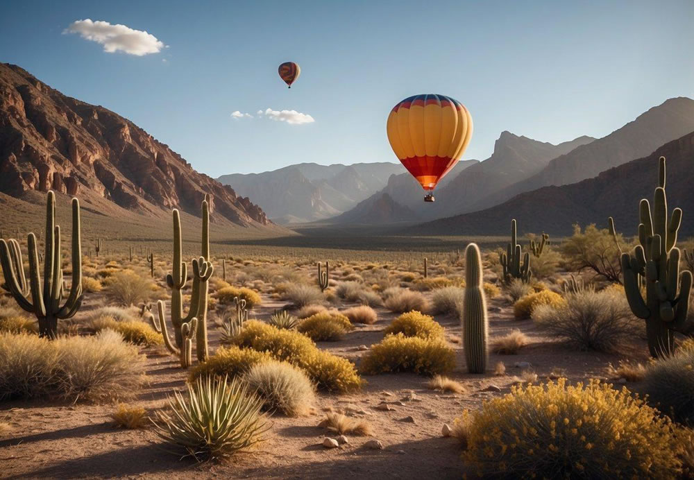 A colorful hot air balloon floats above the desert landscape, with cacti and mountains in the background. A group of hikers explores a rocky trail, while a kayaker navigates down a flowing river