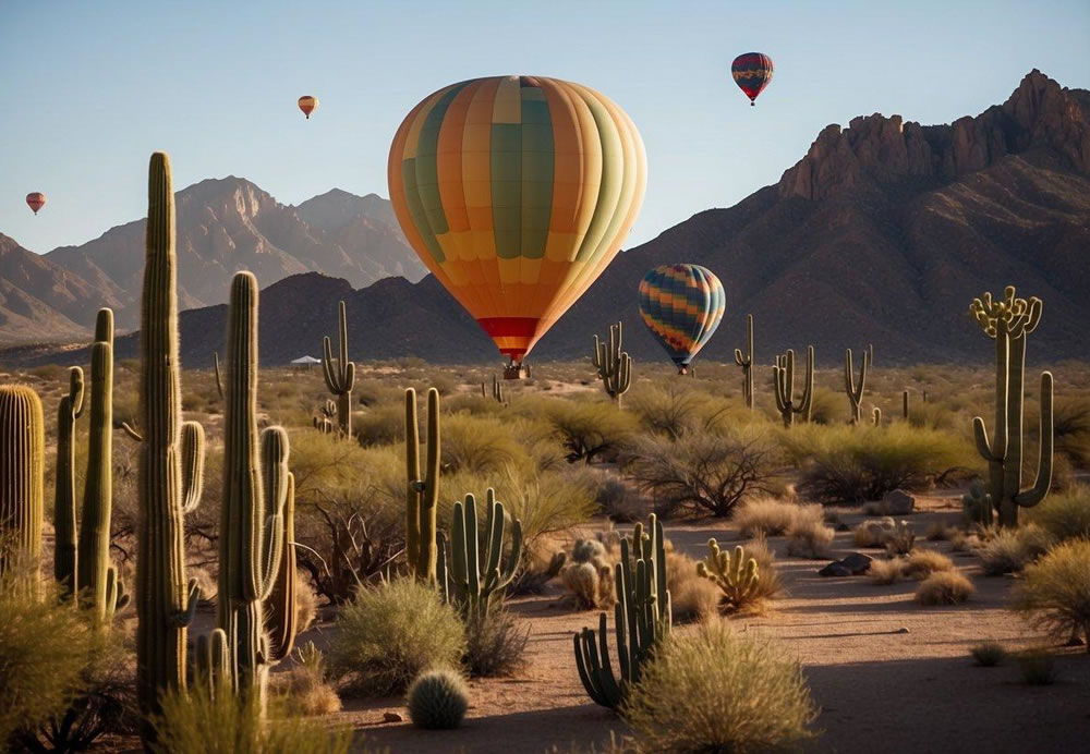 A hot air balloon floats over the desert landscape, with cacti and mountains in the background. A family enjoys a day at the zoo, while others explore the botanical gardens and museums