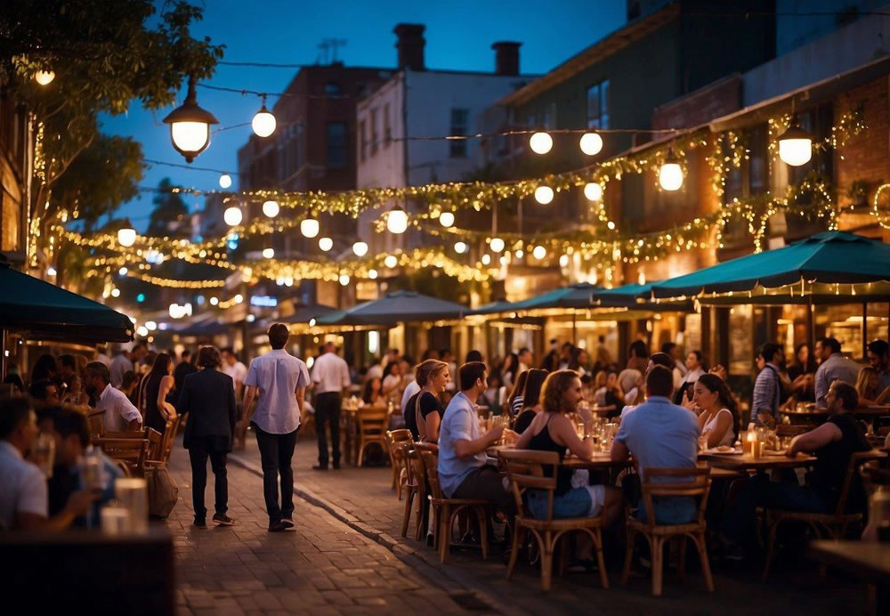 A bustling street lined with colorful restaurants and vibrant nightlife venues, with people enjoying outdoor dining and live music. Bright lights and lively energy fill the air, creating a dynamic and exciting atmosphere