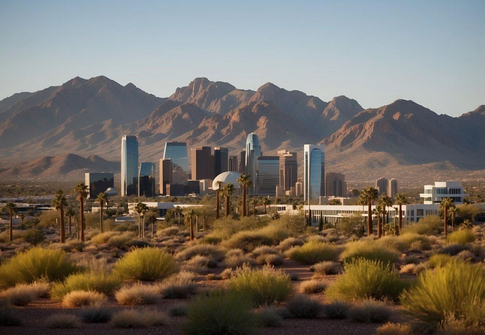 A vibrant city skyline with iconic landmarks like the Phoenix Art Museum and Desert Botanical Garden, surrounded by breathtaking desert landscapes and towering mountain ranges