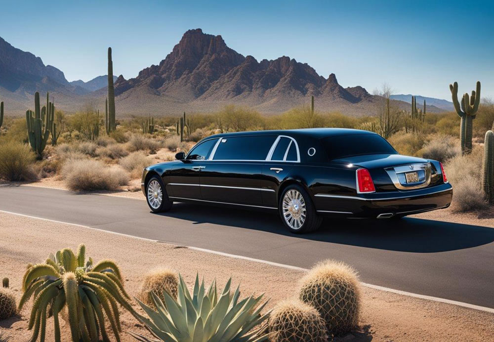 A sleek, black limousine glides through the picturesque Arizona landscape, passing by towering cacti and majestic mountains under the clear blue sky