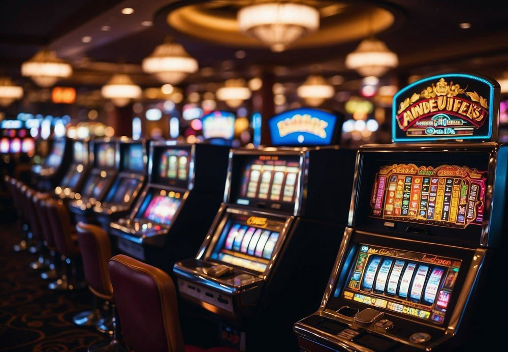 Bright lights and vibrant colors fill the bustling casino floors, with rows of slot machines and card tables. The sound of chips clinking and cheers of winners fills the air