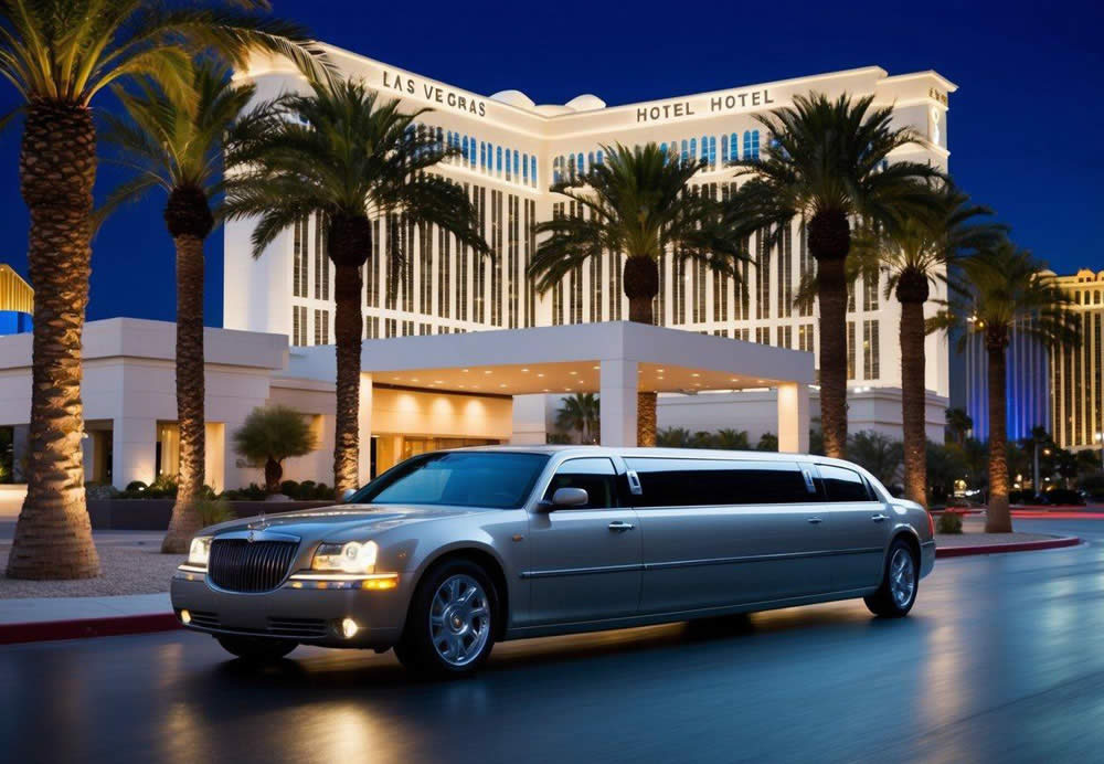 A sleek limousine pulls up to a modern hotel entrance in Las Vegas, surrounded by palm trees and bright city lights