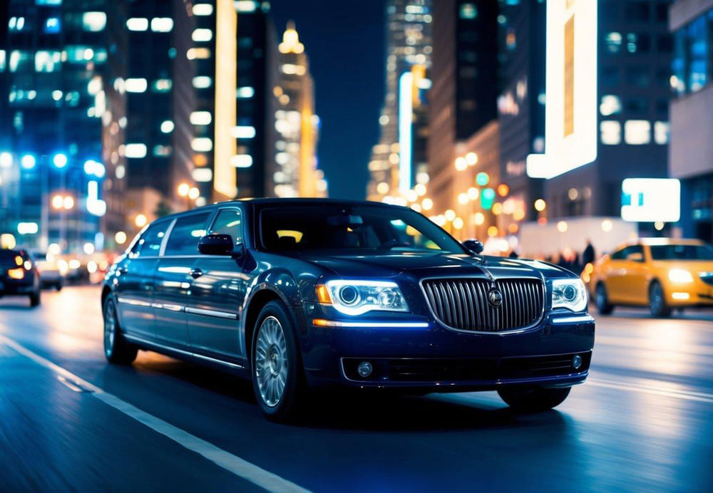a limo is driving in the city through the night