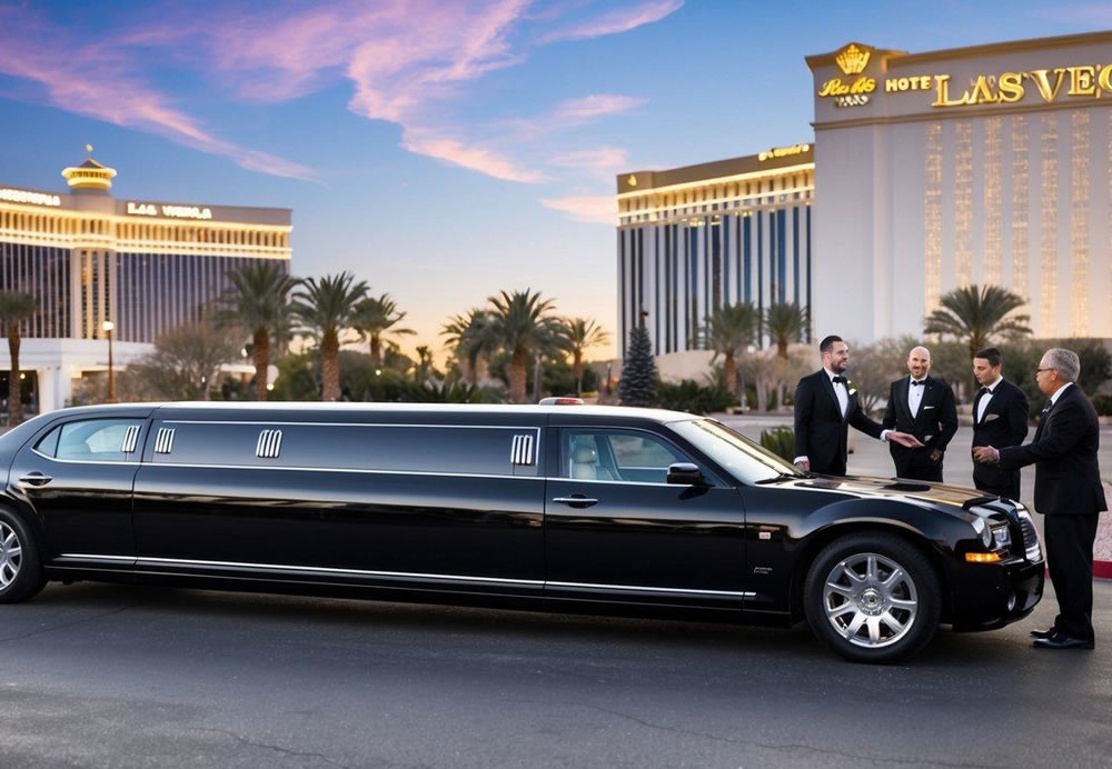 A luxurious limo parked outside a Las Vegas hotel, with a well-dressed chauffeur holding the door open for a group of elegantly dressed passengers