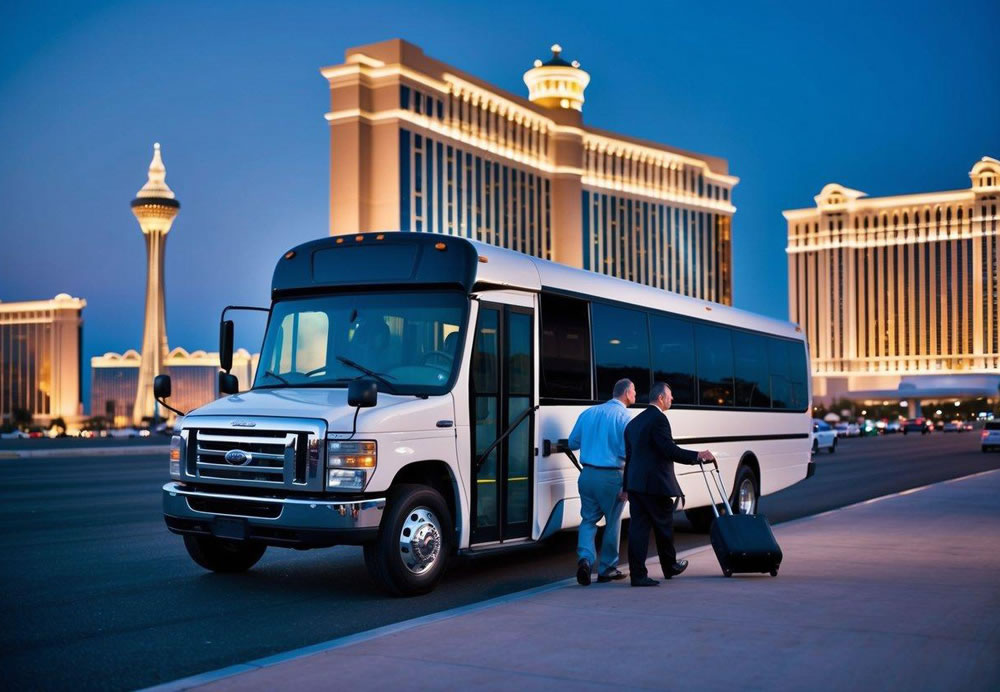 A charter bus parked in front of a Las Vegas hotel with a driver loading luggage and passengers boarding. The iconic Vegas strip is visible in the background