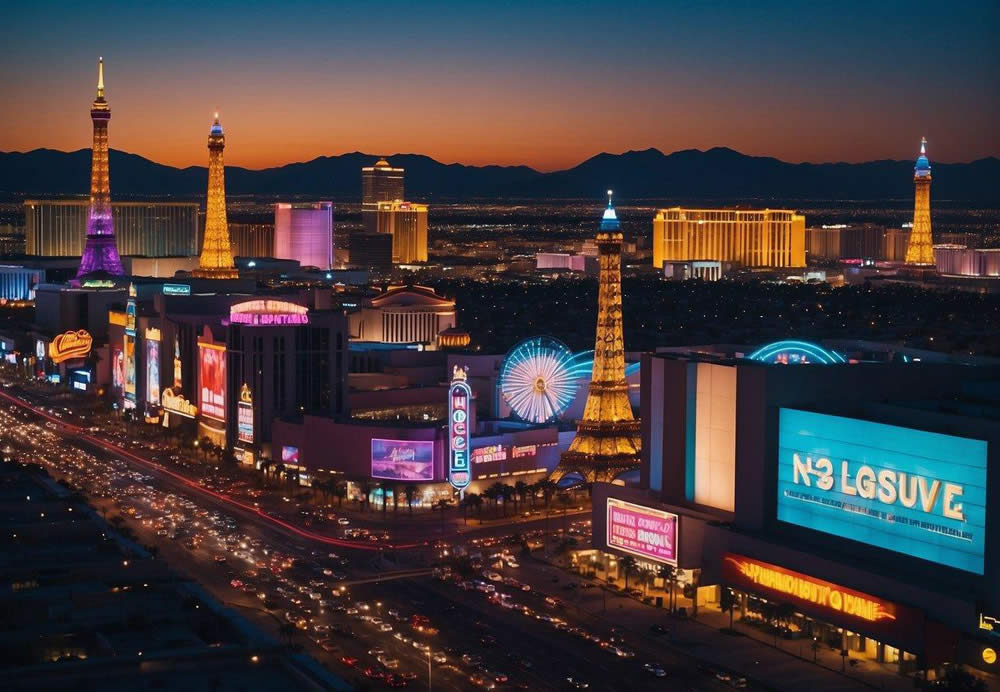 A vibrant cityscape with neon-lit buildings and bustling streets, showcasing the top 10 nightclubs in Las Vegas