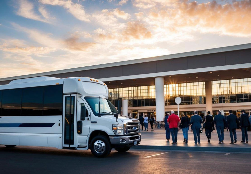 A charter bus parked outside a convention center in Las Vegas, with a line of people boarding and a bustling atmosphere