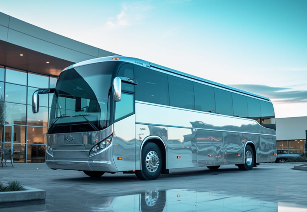 A charter bus is standing in front of an event location.