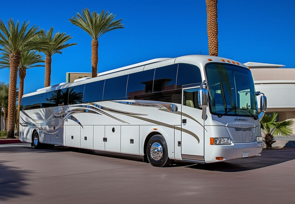 A charter bus is standing in front of a bungalow surrounded by palm trees.