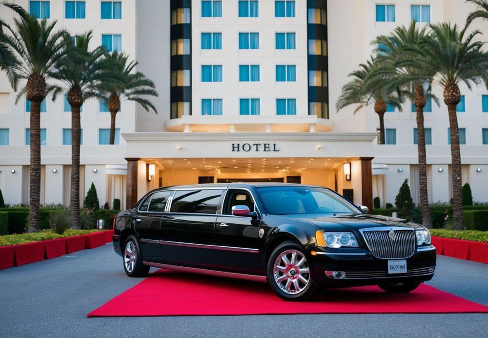 A sleek, black limousine parked in front of a luxury hotel, surrounded by a red carpet and a line of elegant palm trees