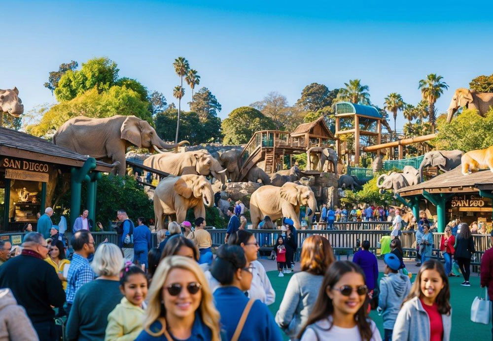 A vibrant and bustling scene of the iconic San Diego Zoo, with various animal exhibits and visitors enjoying the attractions