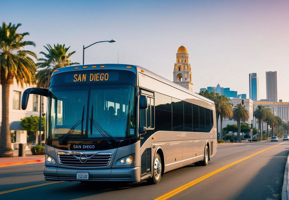 A sleek charter bus navigates through San Diego's scenic streets, passing by palm-lined boulevards and iconic landmarks