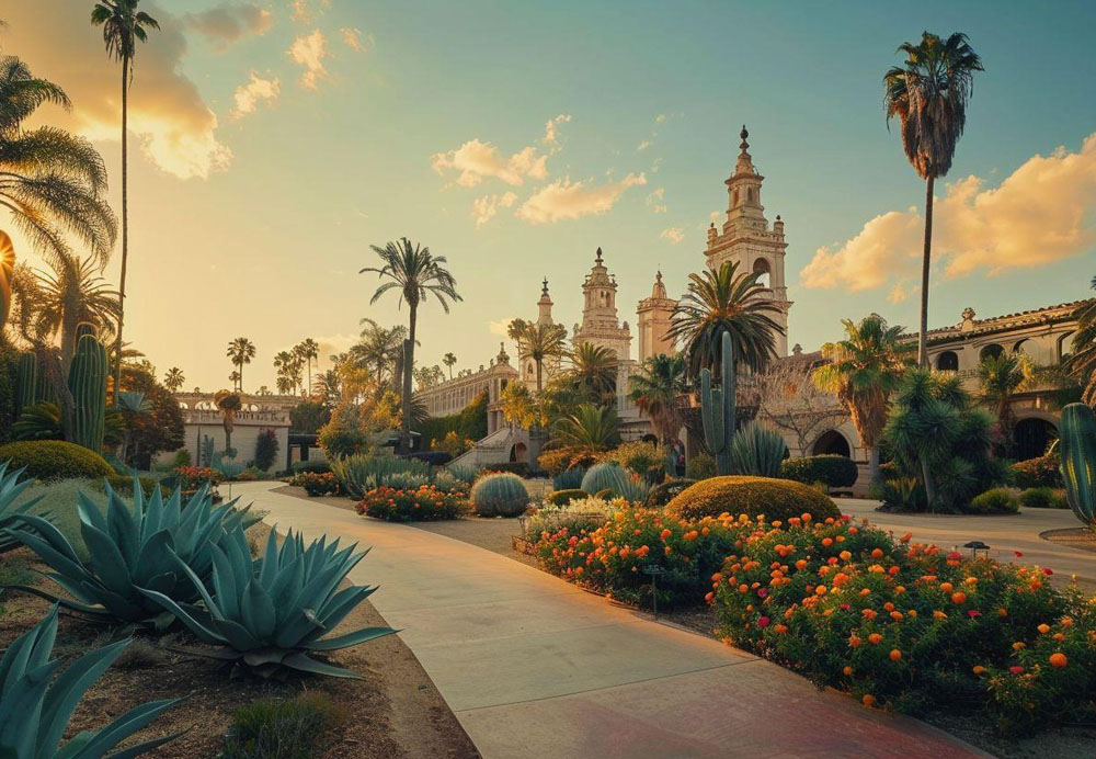 A path with plants and trees in front of a building