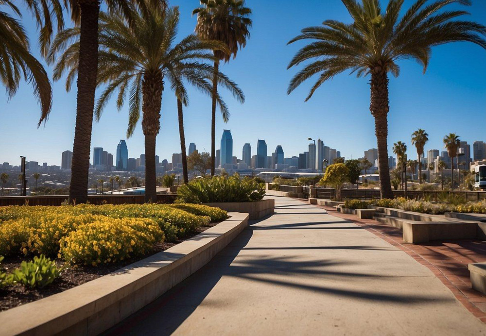 The San Diego skyline with iconic landmarks like the USS Midway, Balboa Park, and the San Diego Zoo. Beaches, parks, and vibrant city life