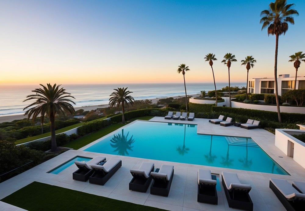 resort located by the sea with pool surrounded by palm trees