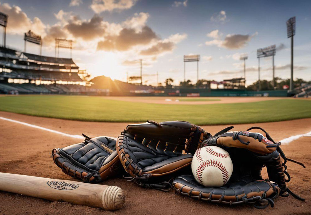 Baseball gloves and baseballs on a field