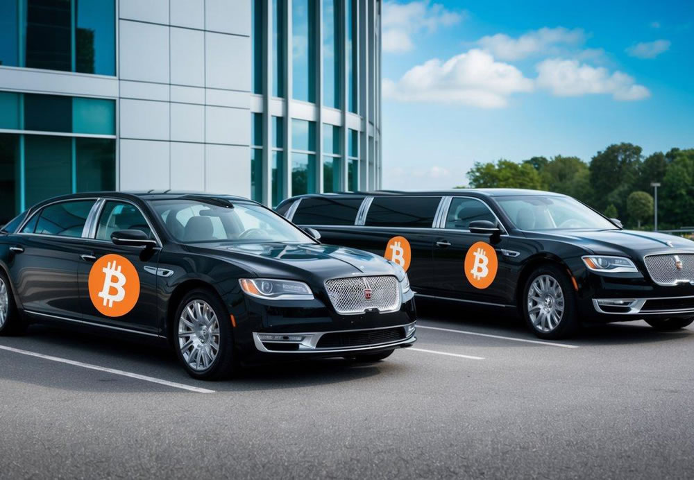A luxury sedan and limousine parked in front of a sleek office building, with a Bitcoin logo displayed prominently on the vehicle's exterior