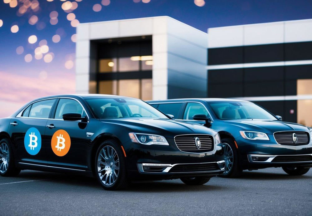 A sleek sedan and limousine parked in front of a modern office building, with a Bitcoin logo displayed prominently on the vehicle's exterior