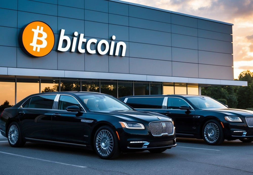 A luxury sedan and limousine parked in front of a sleek, modern building, with a Bitcoin logo prominently displayed on a sign