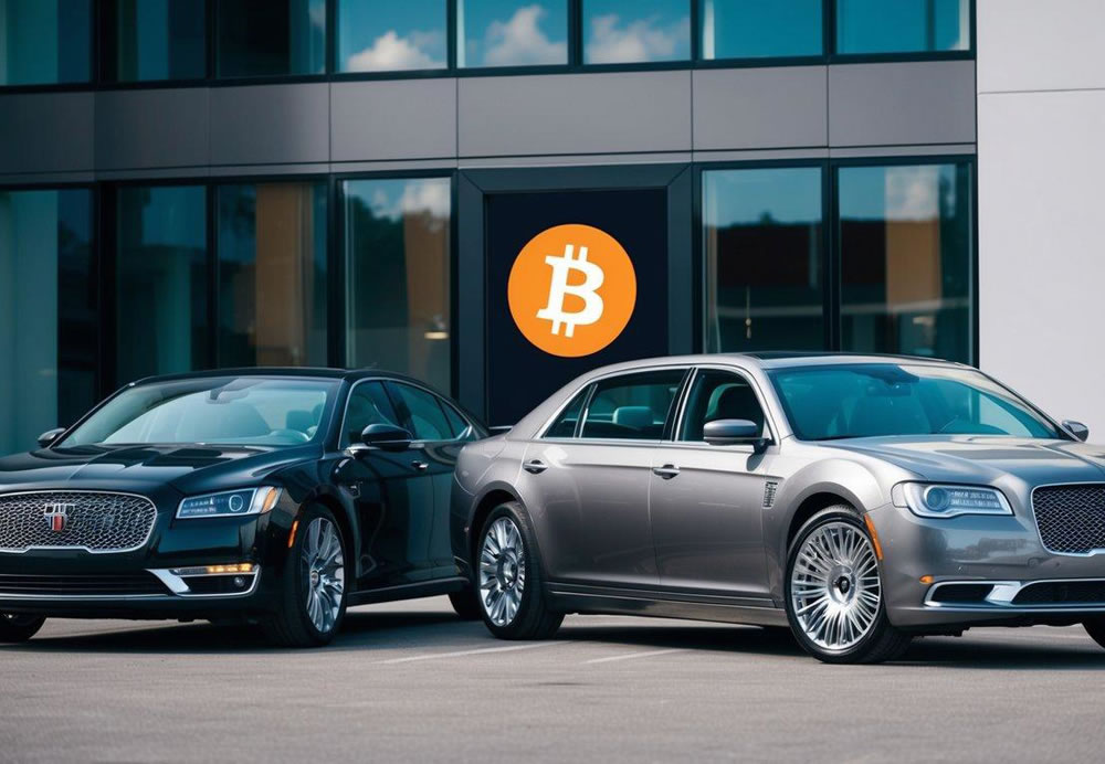 A sleek sedan and a luxurious limousine parked outside a modern office building, with a Bitcoin logo displayed prominently on the front door