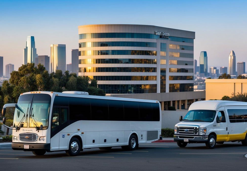 A charter bus and minibus parked in front of a corporate office building in San Diego, California, with the city skyline in the background